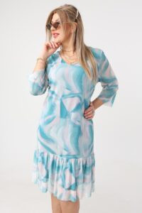 Granatowo-beżowa prosta sukienka z falbaną na dole