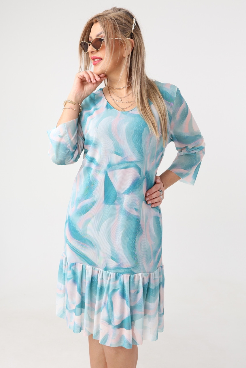 Granatowo-beżowa prosta sukienka z falbaną na dole