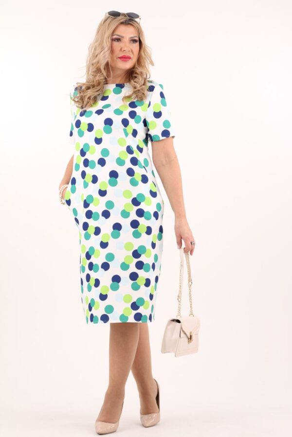Prosta elegancka sukienka z kieszeniami biała w groszki