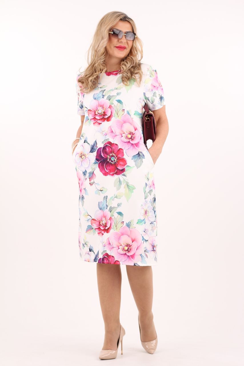 Prosta elegancka sukienka z kieszeniami biała w kwiaty