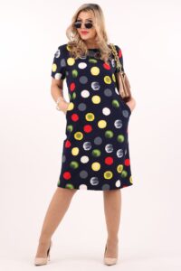 Prosta elegancka sukienka z kieszeniami granatowa w groszki