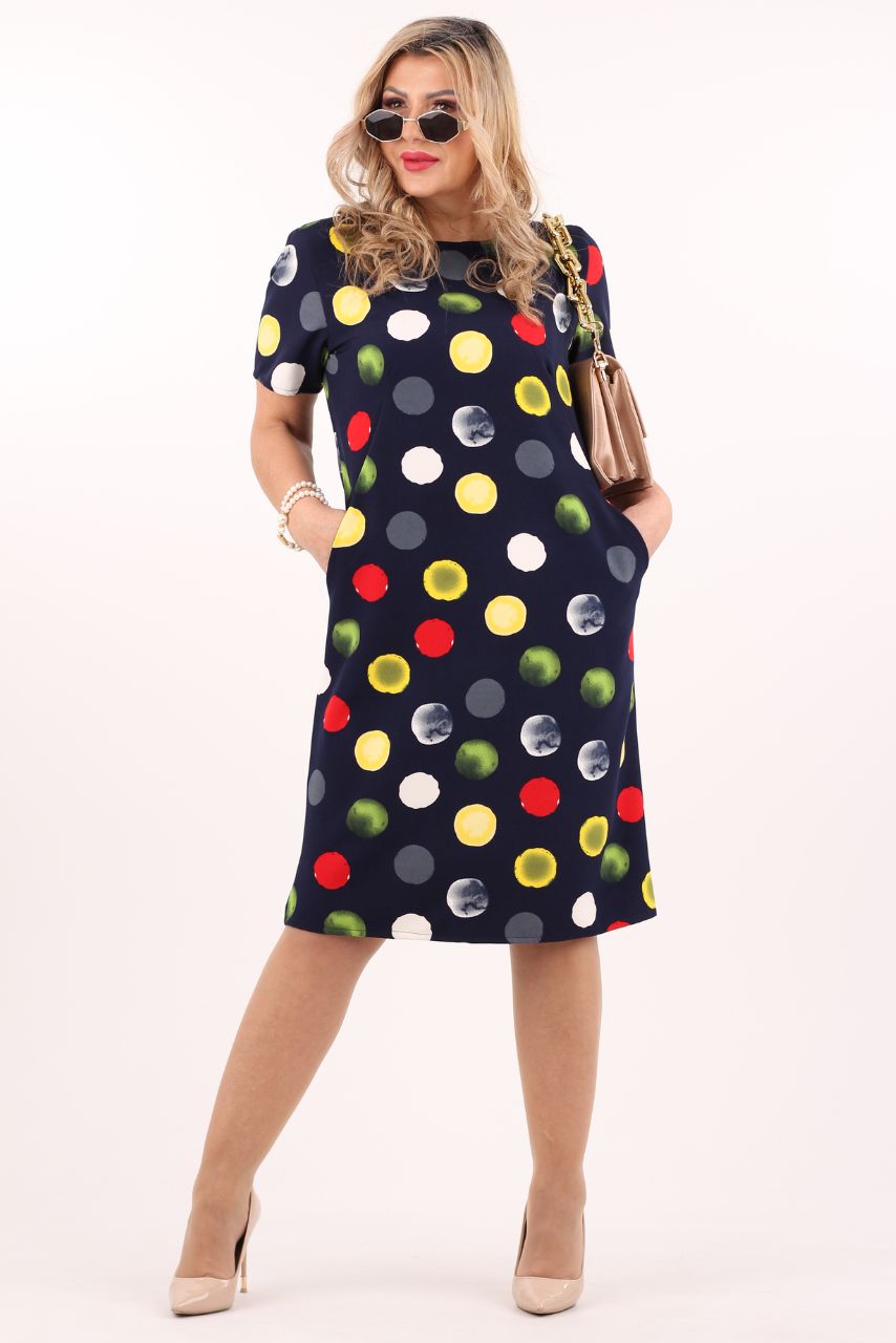 Prosta elegancka sukienka z kieszeniami granatowa w groszki