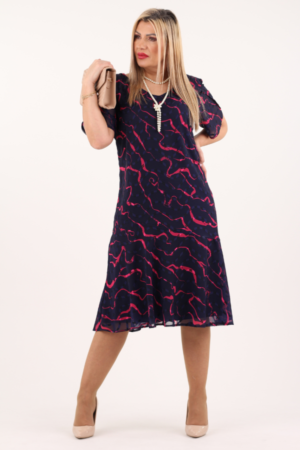 Sukienka szyfonowa na wesele granatowa w różowe wzory