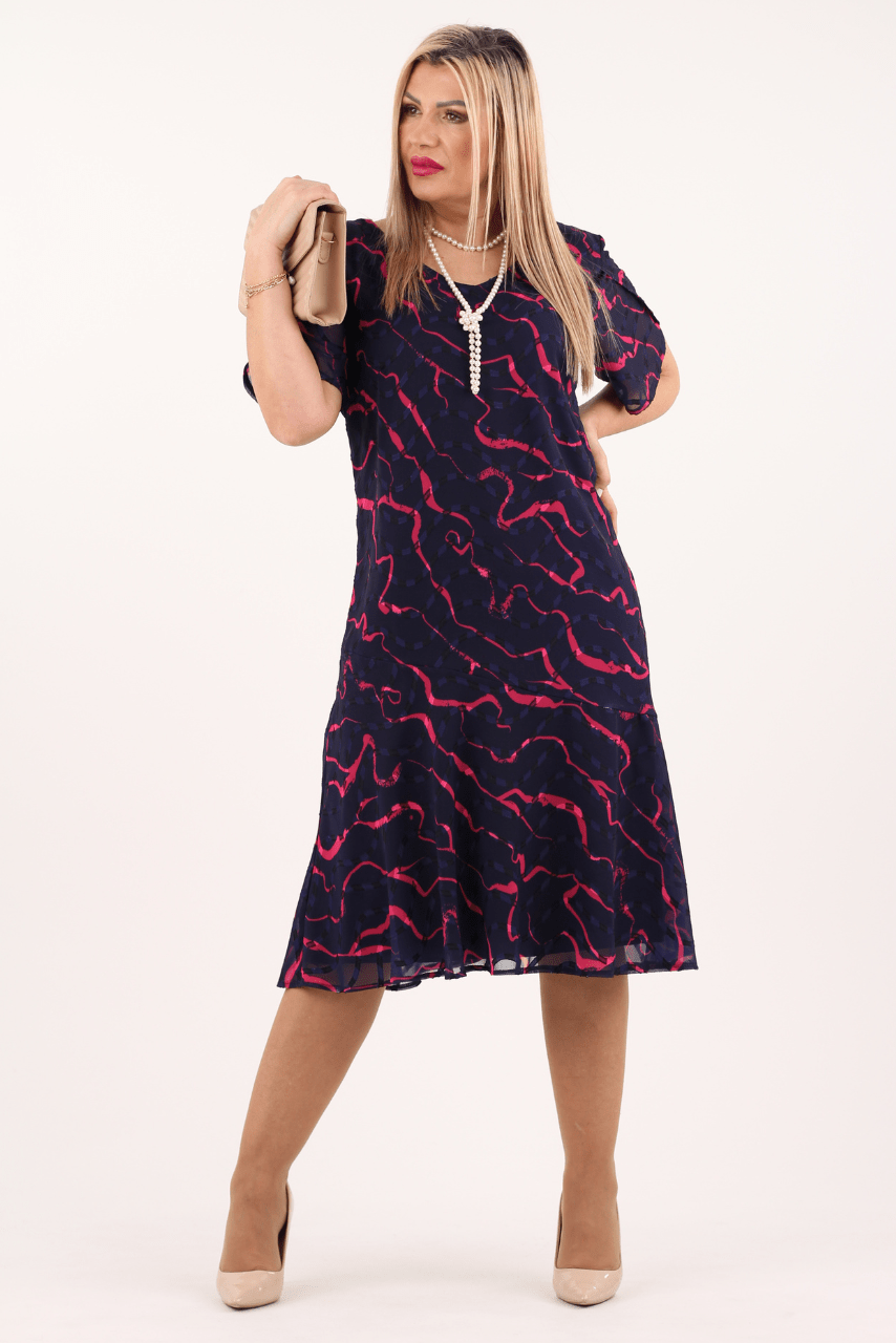 Sukienka szyfonowa na wesele granatowa w różowe wzory