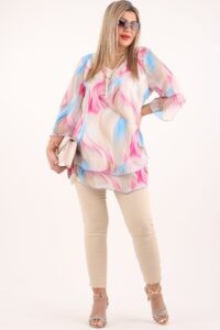 Zwiewna szyfonowa tunika beżowa w różowe wzory