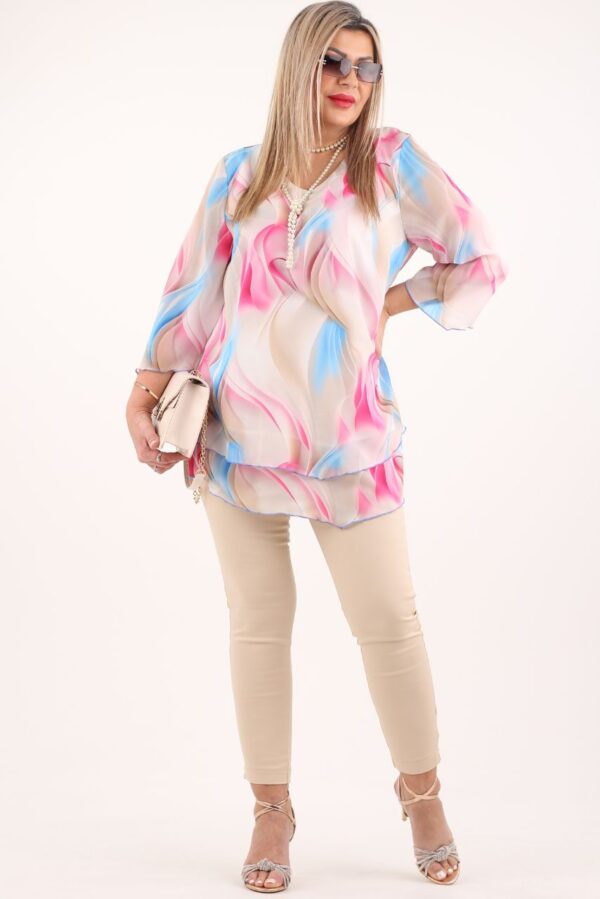 Zwiewna szyfonowa tunika beżowa w różowe wzory