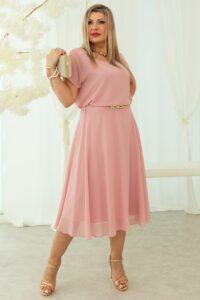 Pudrowa sukienka do połowy łydki na wesele