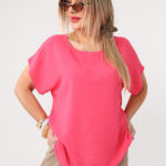 Malinowa gładka bluzka plus size z krótkim rękawem