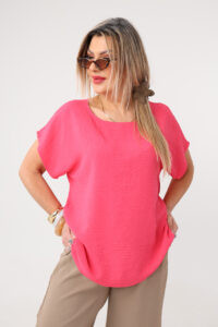 Malinowa gładka bluzka plus size z krótkim rękawem