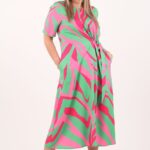 Zielono-różowa sukienka do połowy łydki z wiązaniem z boku