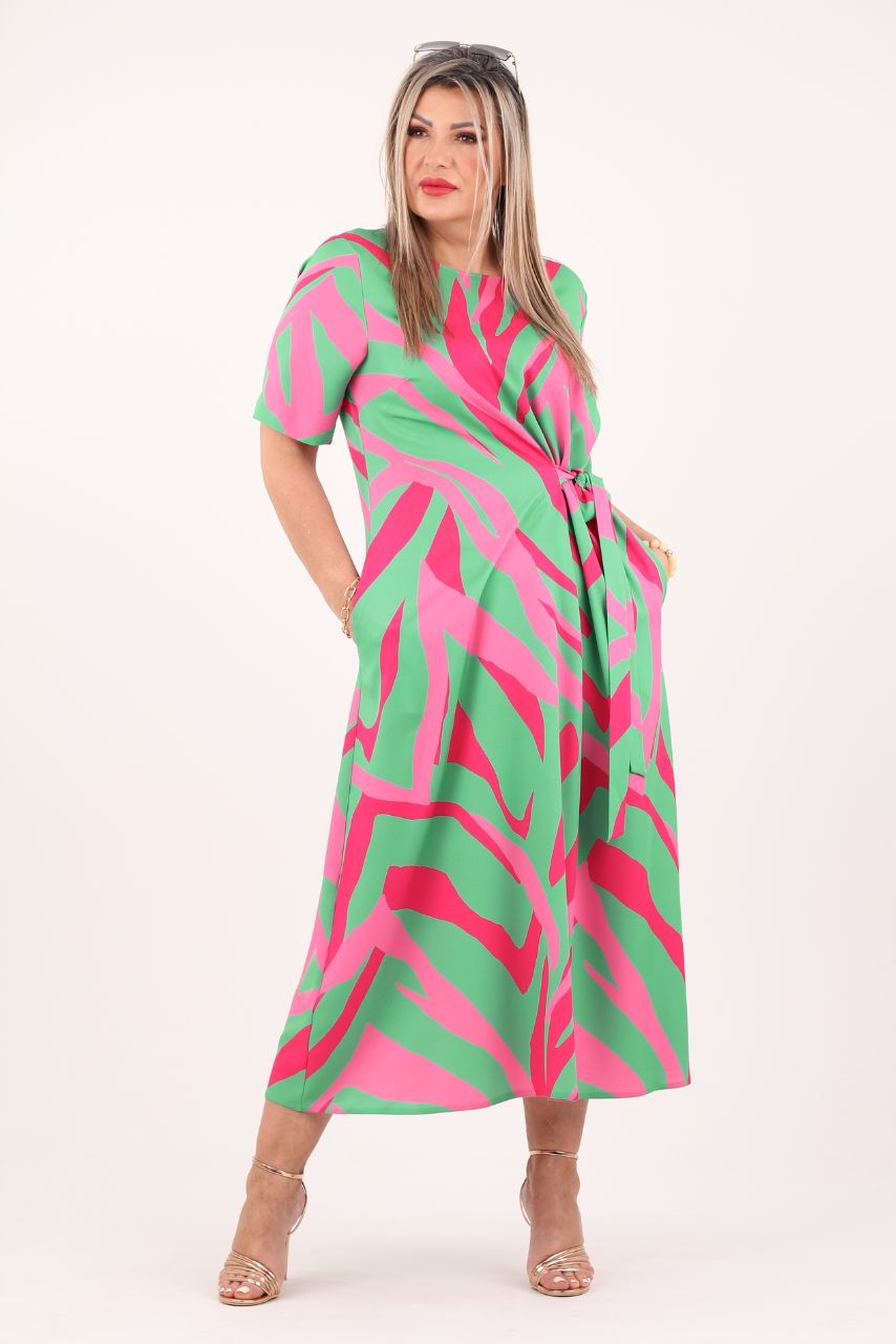 Zielono-różowa sukienka do połowy łydki z wiązaniem z boku