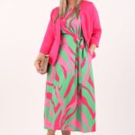 Zielono-różowa sukienka do połowy łydki z wiązaniem z boku (3)