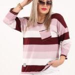 Bluzka w paski z wiązaniem na dole bordowo-różowa