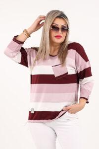 Bluzka w paski z wiązaniem na dole bordowo-różowa