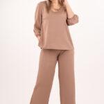 Brązowy komplet szerokie spodnie i bluzka