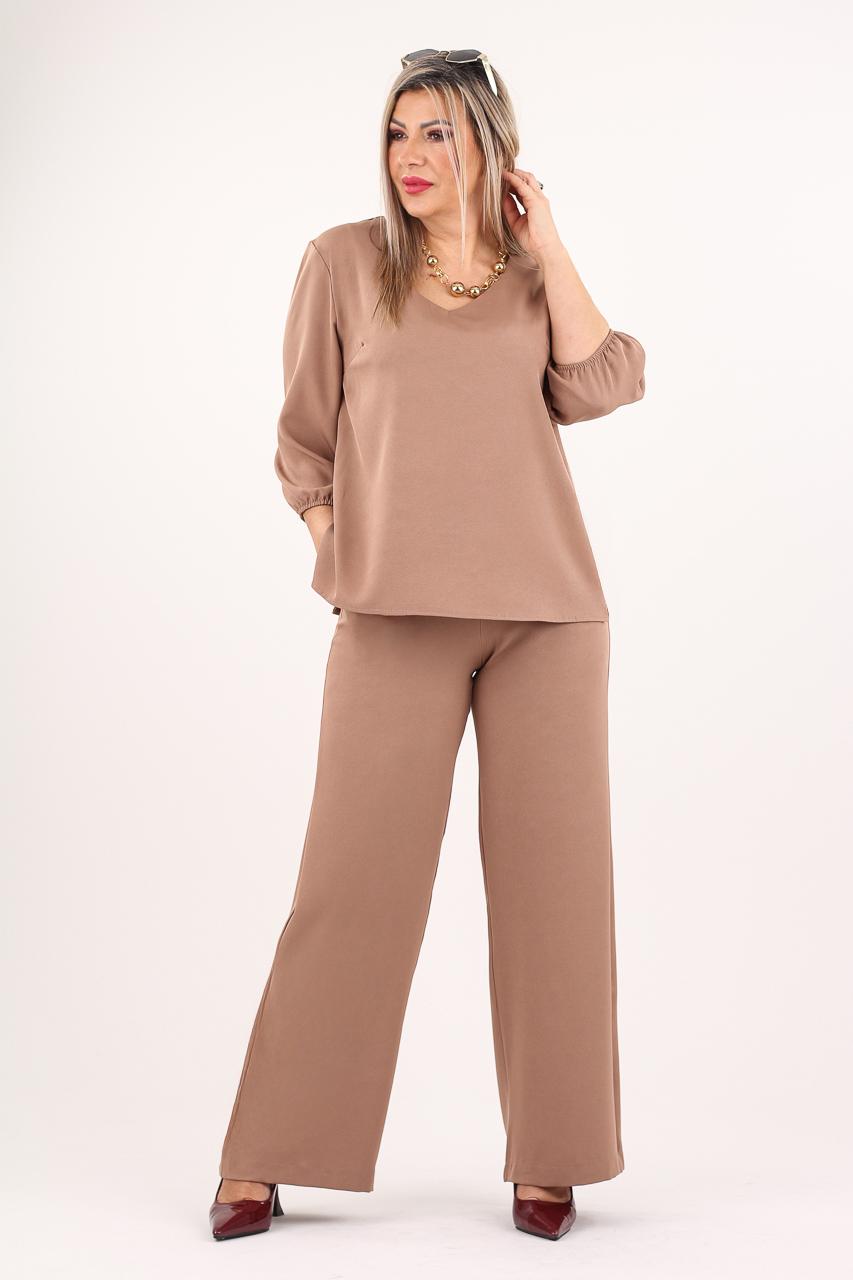 Brązowy komplet szerokie spodnie i bluzka