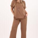 Elegancki komplet spodnie i bluzka brązowy