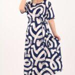 Granatowo-beżowa sukienka do połowy łydki