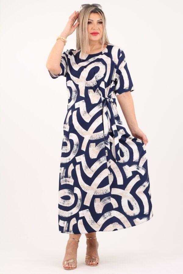 Granatowo-beżowa sukienka do połowy łydki