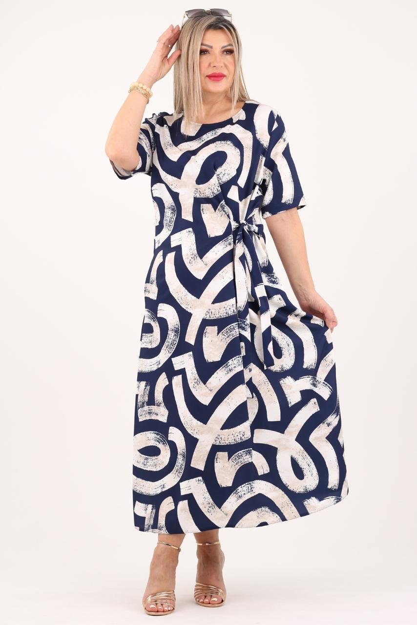 Granatowo-beżowa sukienka do połowy łydki