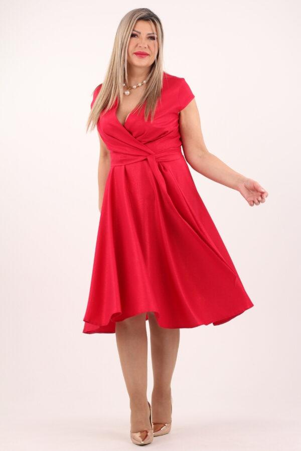 Czerwona elegancka sukienka kopertowa midi z wiązaniem