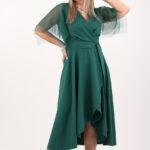 Wieczorowa zielona sukienka z tiulowym rękawem