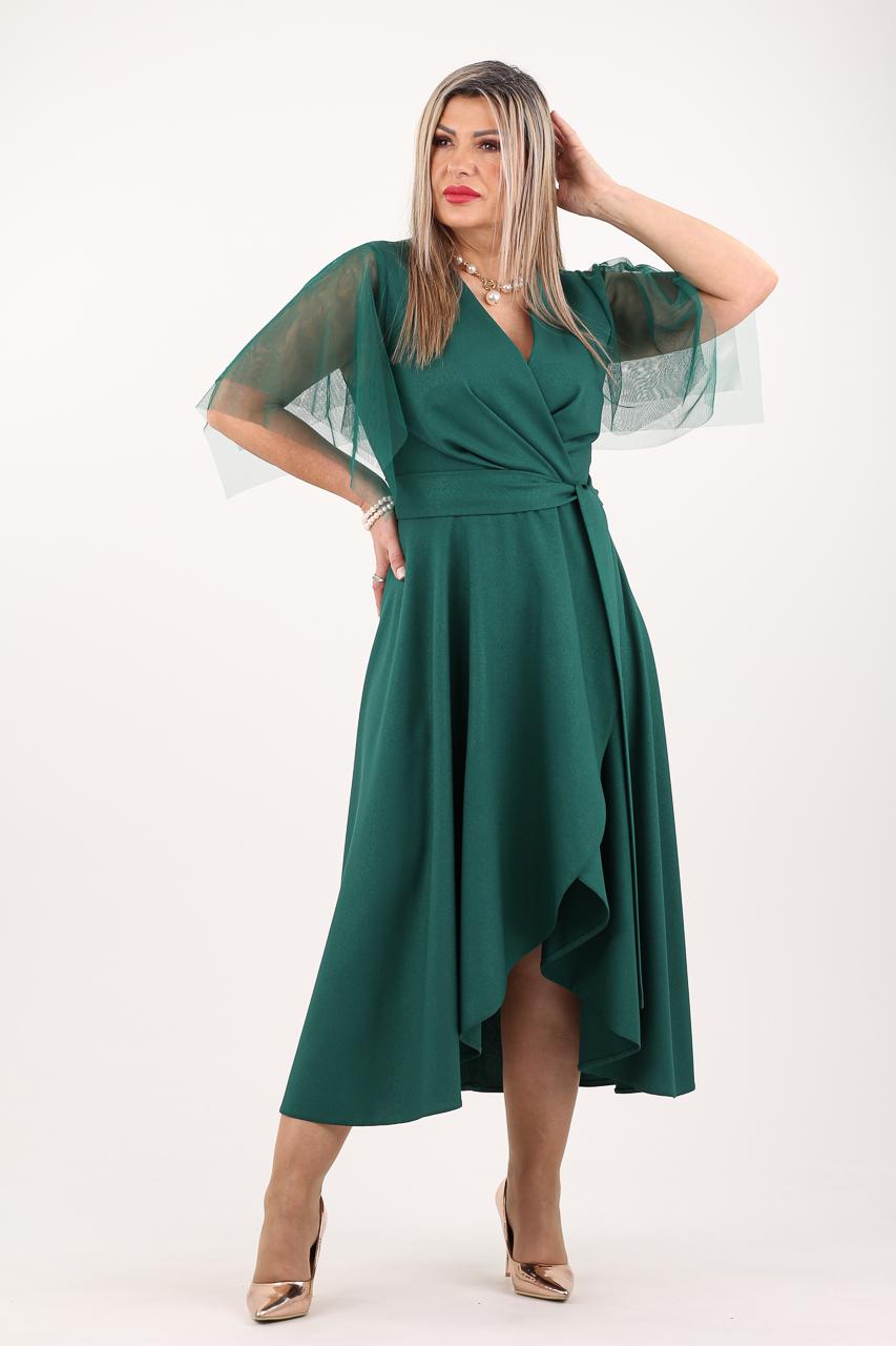 Wieczorowa zielona sukienka z tiulowym rękawem