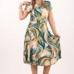 Wzorzysta sukienka ze złotym paskiem wielokolorowa