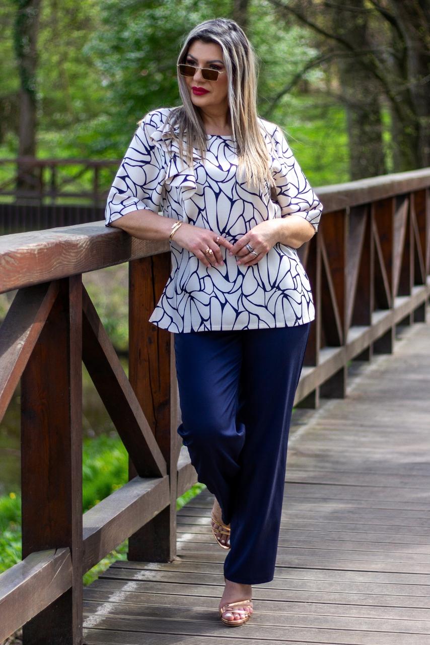 Granatowo-beżowy elegancki komplet spodnie i bluzka