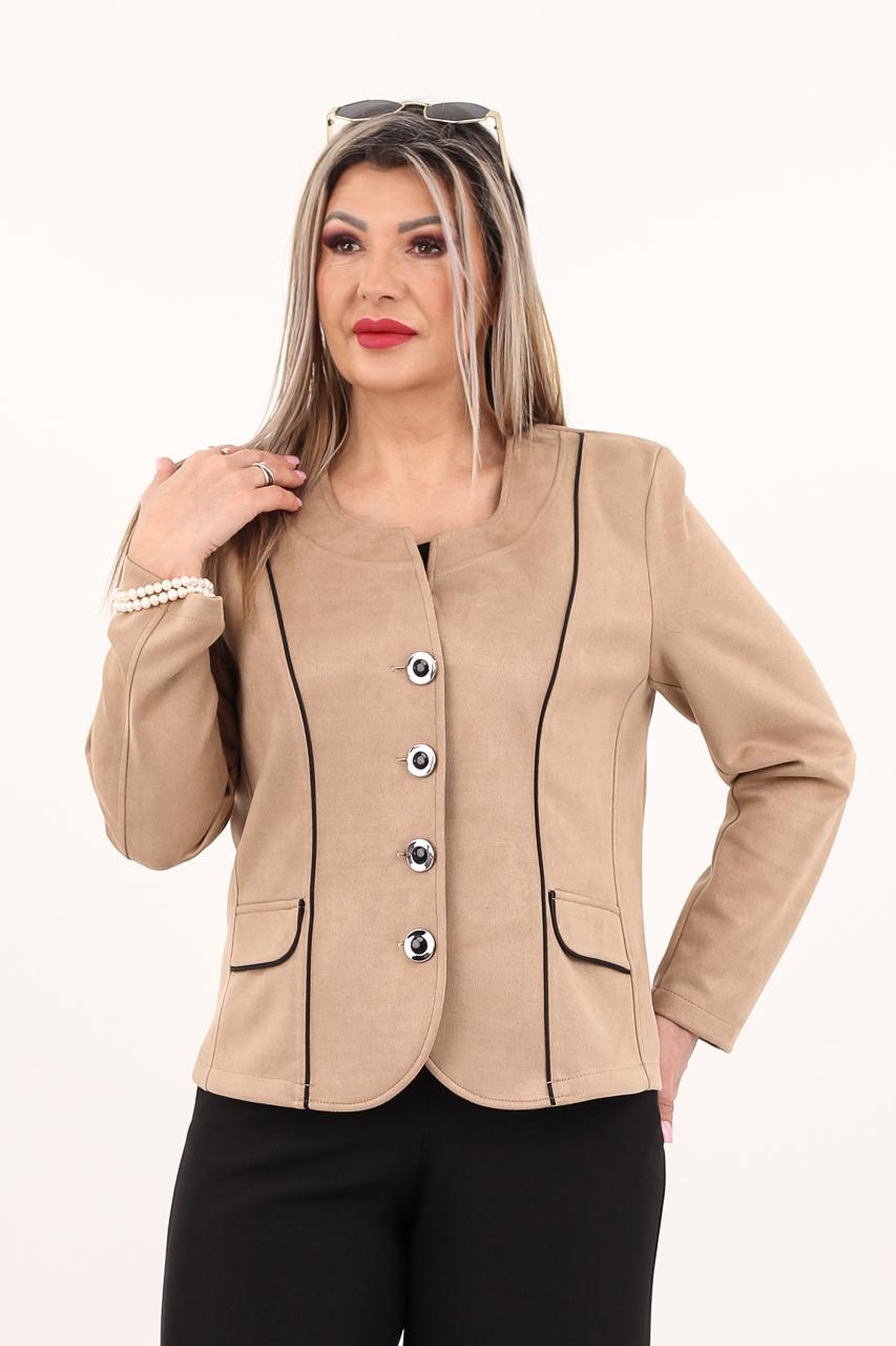 Elegancki ciemnobeżowy zamszowy żakiet damski