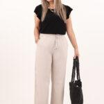 Szerokie cienkie spodnie beżowe (9)