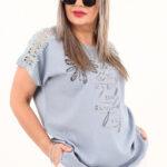 bluzka z koronką na rękawach niebieska