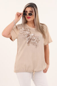 Beżowa bawełniana bluzka z kwiatami 3d w wiązaniem na dole