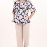 Niebiesko-beżowy elegancki komplet spodnie i bluzka