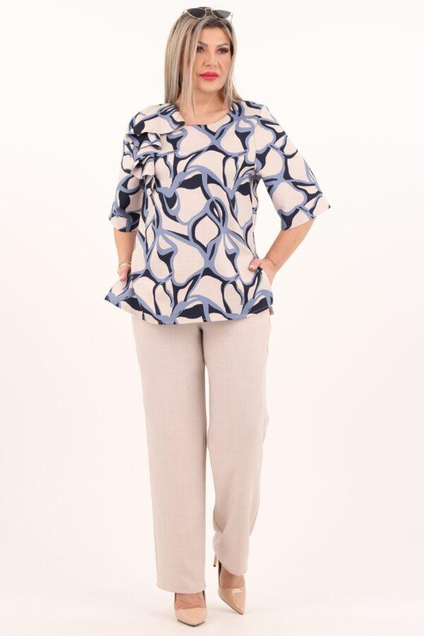 Niebiesko-beżowy elegancki komplet spodnie i bluzka