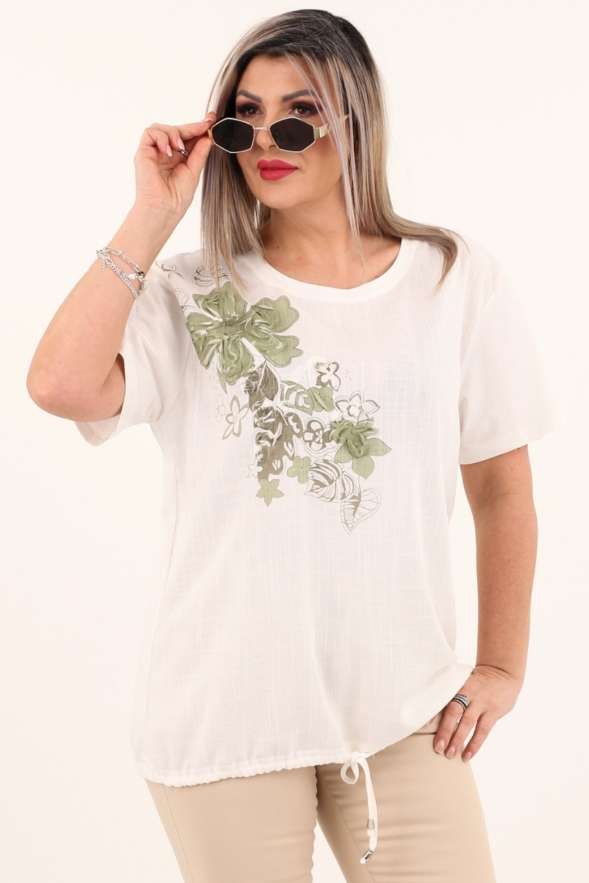 Biała bawełniana bluzka z kwiatami 3d