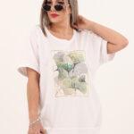 Bawełniana biała bluzka z ażurowymi wstawkami i nadrukiem