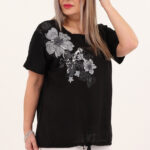 Czarna bawełniana bluzka z kwiatami 3d