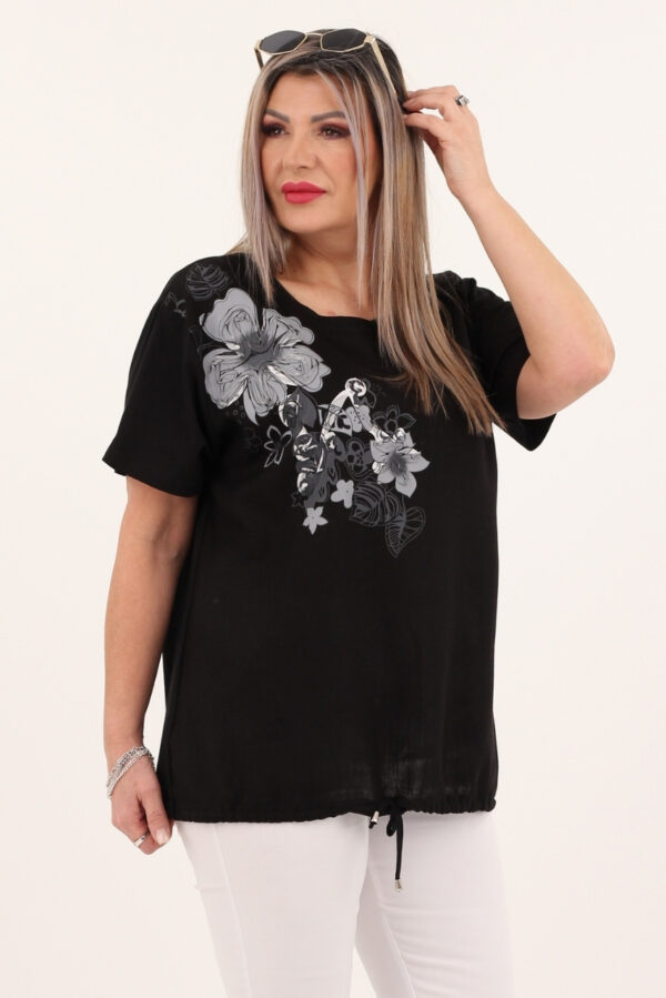 Czarna bawełniana bluzka z kwiatami 3d