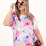 Elegancka bluzka z gumką na dole różowo-niebieska