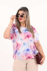 Elegancka bluzka z gumką na dole różowo-niebieska