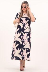 Granatowa sukienka do połowy łydki z wiązaniem z boku