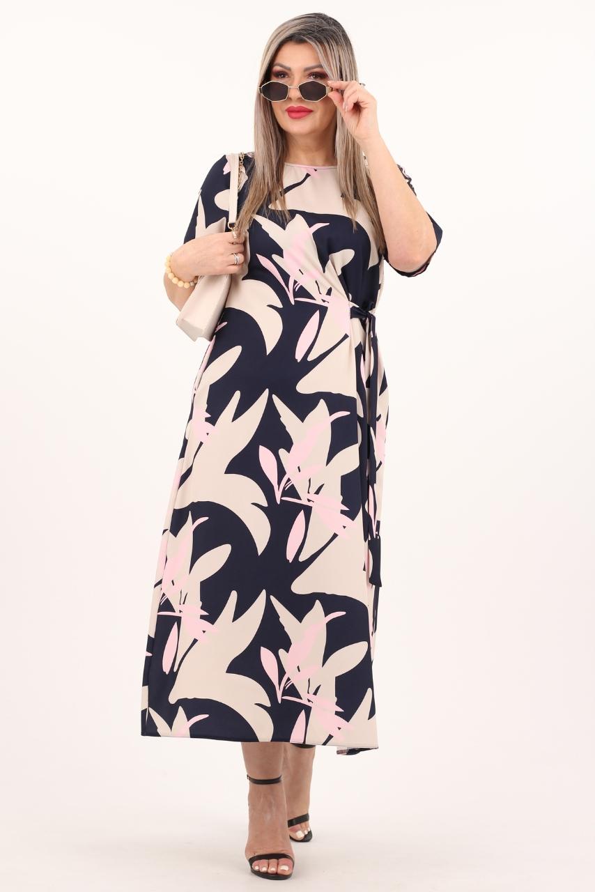 Granatowa sukienka do połowy łydki z wiązaniem z boku