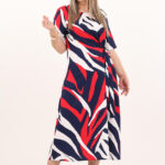 Granatowo-czerwono-biała sukienka do połowy łydki