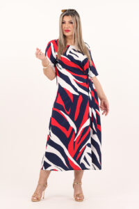 Granatowo-czerwono-biała sukienka do połowy łydki