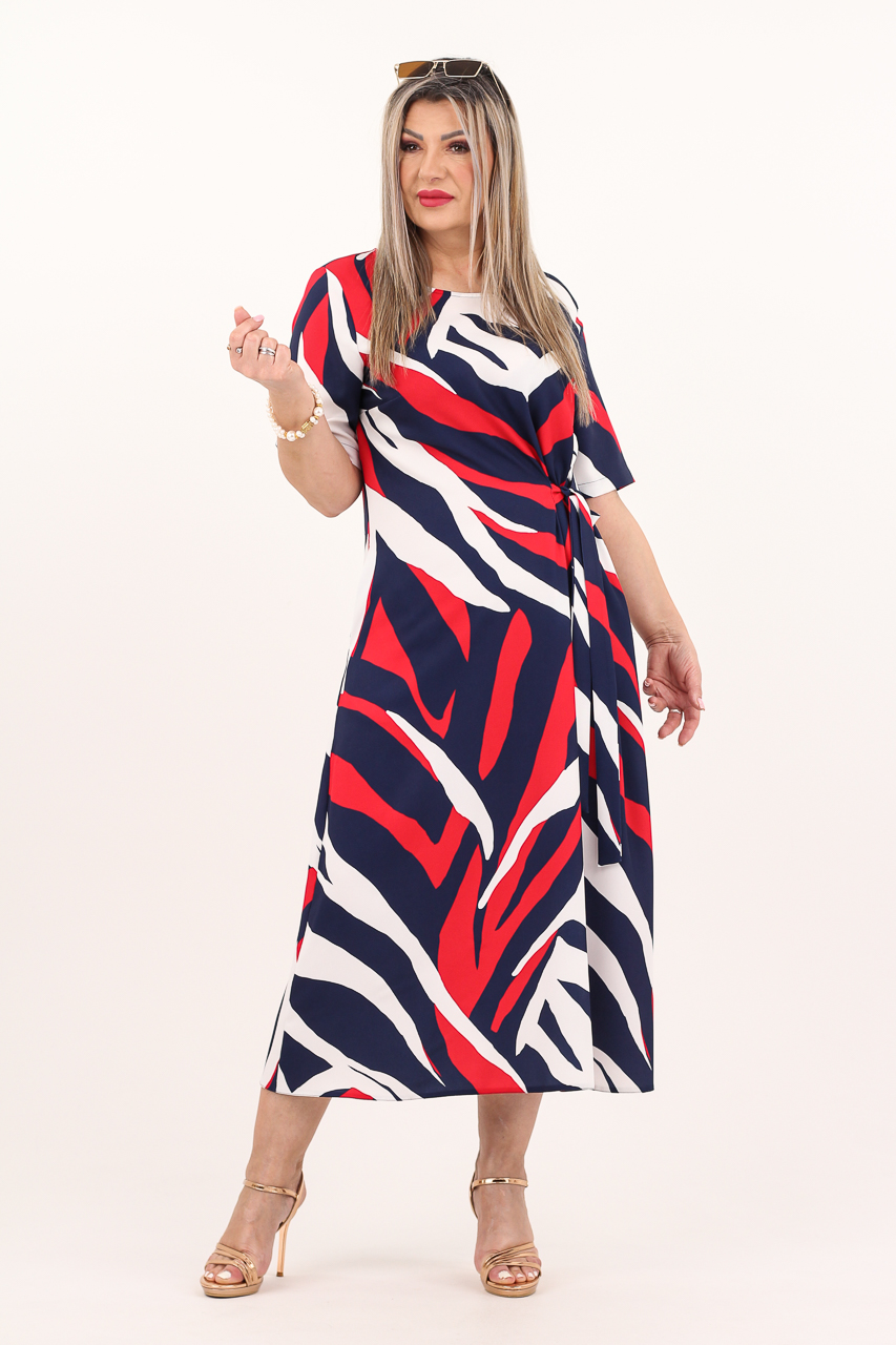 Granatowo-czerwono-biała sukienka do połowy łydki