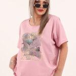 Bawełniana różowa bluzka z ażurowymi wstawkami i nadrukiem