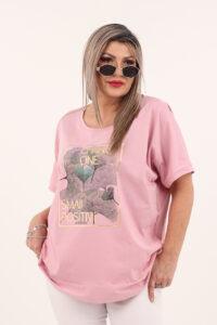 Bawełniana różowa bluzka z ażurowymi wstawkami i nadrukiem