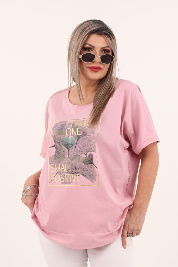 Bawełniana różowa bluzka z ażurowymi wstawkami i nadrukiem