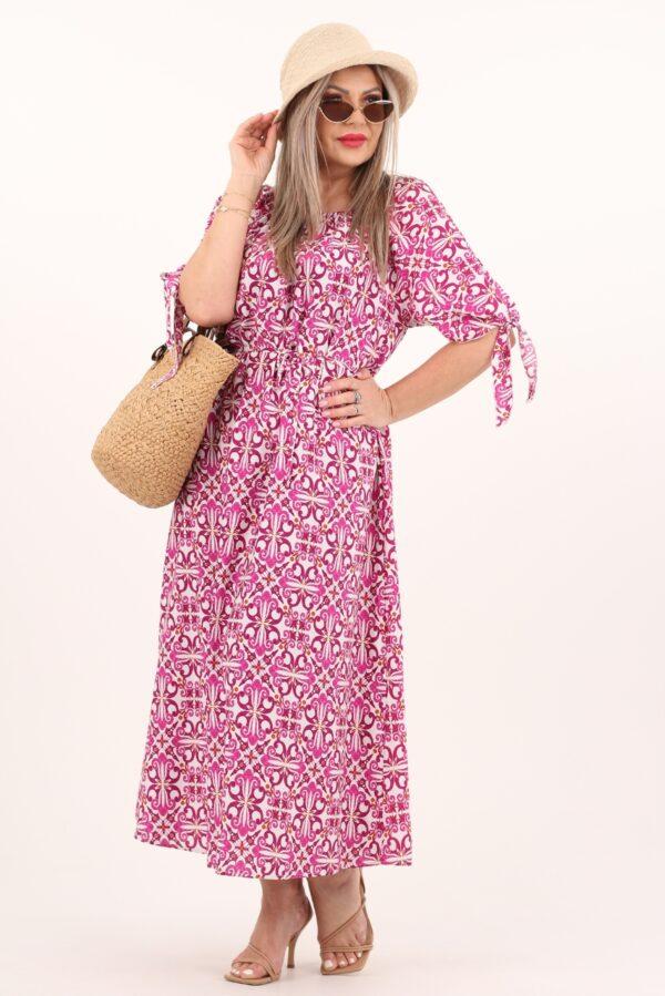 Różowa letnia sukienka z wiązaniem na rękawach